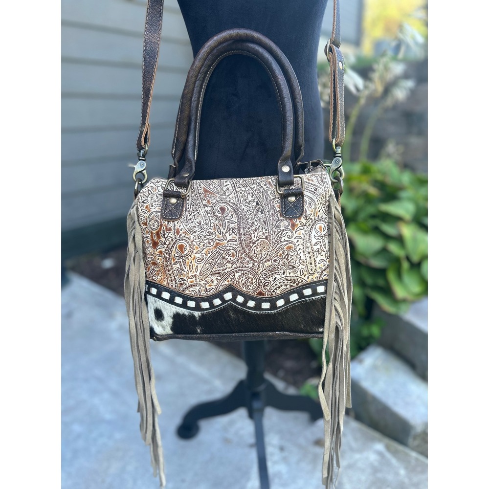 Myra Bag Katherina Cowhide Paisley Leather Fringe Western Crossbody Satchel - Picture 3 of 10